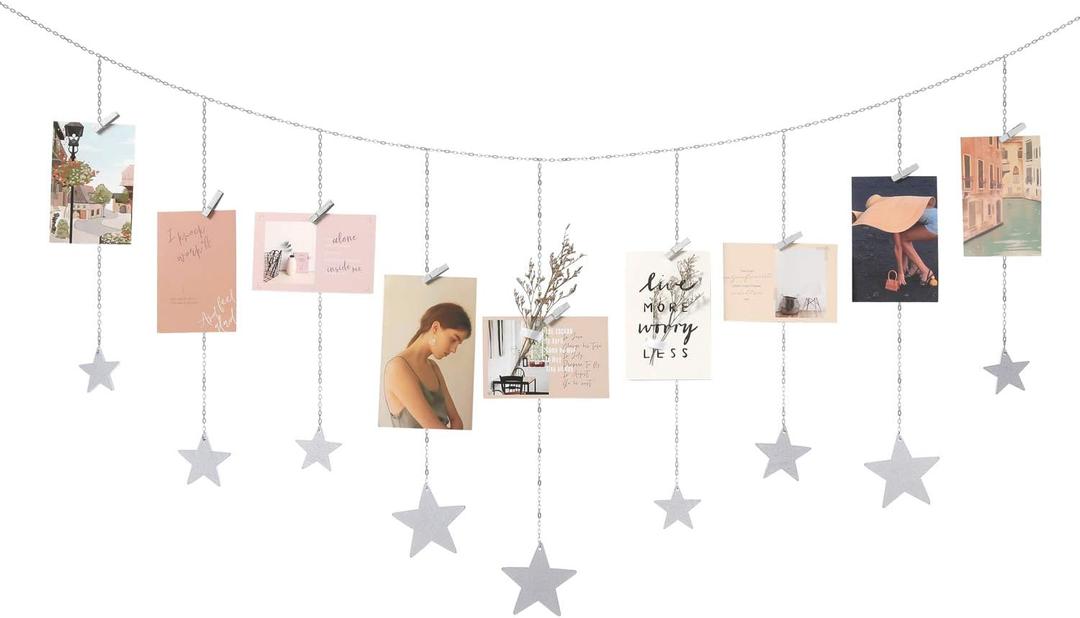 Mkono Hanging Photo Display Boho Decor Wooden Stars Garland with Metal Chains, Pictures Cards Holder with 25 Wood Clips, Wall Art for Christmas Living Room Bedroom Dorm Decor, Teen Girls Gift, Silver