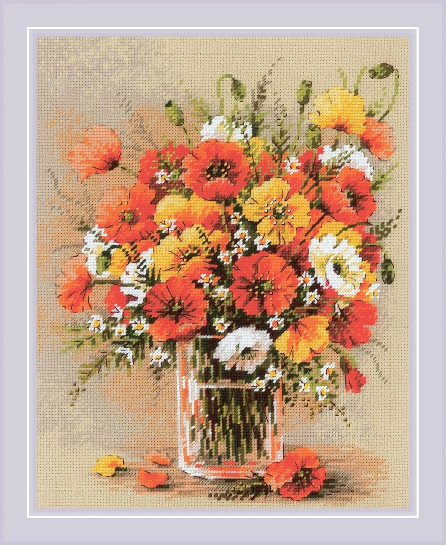RIOLIS - Field Poppies 2306, Cross Stitch Kits 9"x11, Floral Cross Stitch Kits for Beginners & Advanced, Crossstitching Kit Adult, Flowerd Embroidery Counted Stitching Kit
