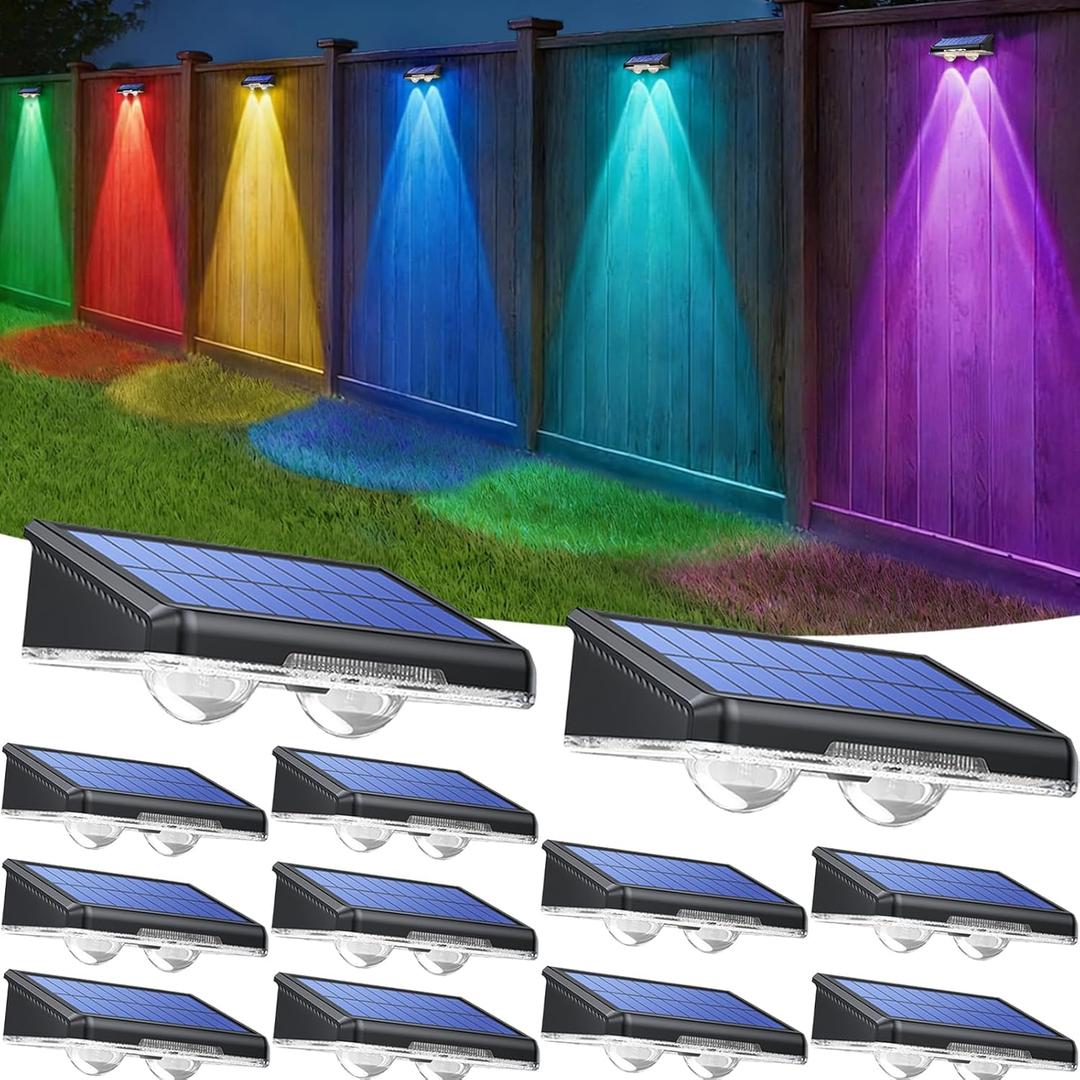 TECKNET Solar Fence Lights Outdoor 12 Pack, Warm White & 6 Colors & RGB, IP66 Waterproof LED Deck Light, Dusk to Dawn Fence Lights Solar for Wall, Railing, Step, Patio, Pool, Backyard, Outside (3000K/Color Changing)