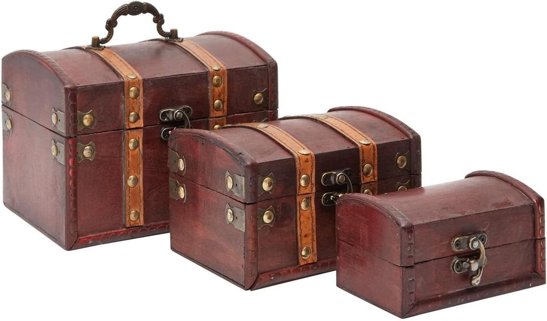 Juvale Treasure Chest Storage Boxes - Dark Brown Wood, Antique Style, Set of 3 - Pirate Chest Decor & Treasure Box for Classroom, Party Decorations & Kids Toy Organization