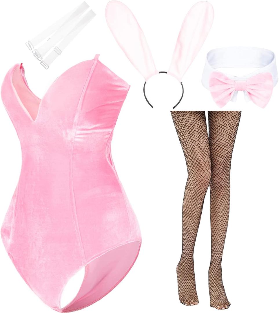 Anime Womens Bunny Girl Costume One Piece Bodysuit Halloween Cosplay Catsuit Bunny Headband Stockings Set (X-Small, Pink)