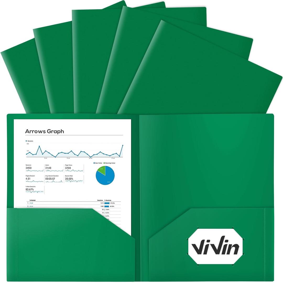 ViVin 12-Pack Green Plastic Folders with Pockets, Fits 8.5 x 11 Inch Letter Size Papers, Poly Folders with 2 Pocket, for Kids, Students, Teacher