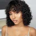 Short Curly Bob Human Hair Wig with Bangs 100% Human Hair Glueless Wear and Go No Lace Wig Machine Made Water Wave Bob Wig for Black Women Natural Black Color 12 inch