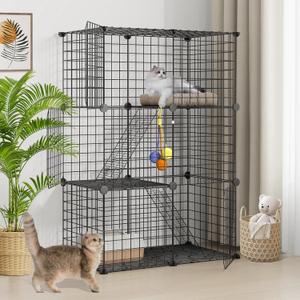 LotFun Cat Cages, 3-Tier Cat Enclosure DIY Kennel Detachable Patio Metal Wire Cat Playpen with Hammock for 2-3 Cats for Ferret, Squirrel and Small Animals (3-Tier28"L x 14"W x 42"H)