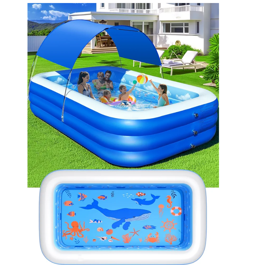 Upgraded Inflatable Blow up Swimming Pool with Canopy for Kids, Adult, Ocean Theme Oversized Thickened Family Pools for Backyard, Blue, Large, 100"x63"x22"