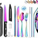 Portable Reusable Travel Utensils Silverware With Case, Camping Cutlery Set, Chopsticks and Straw, Flatware With Case, Stainless Steel Rainbow Top