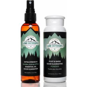 Lumi Outdoors Natural Shoe Deodorizer Spray and Foot Powder Bundle - Lemon Eucalyptus and Foot Powder
