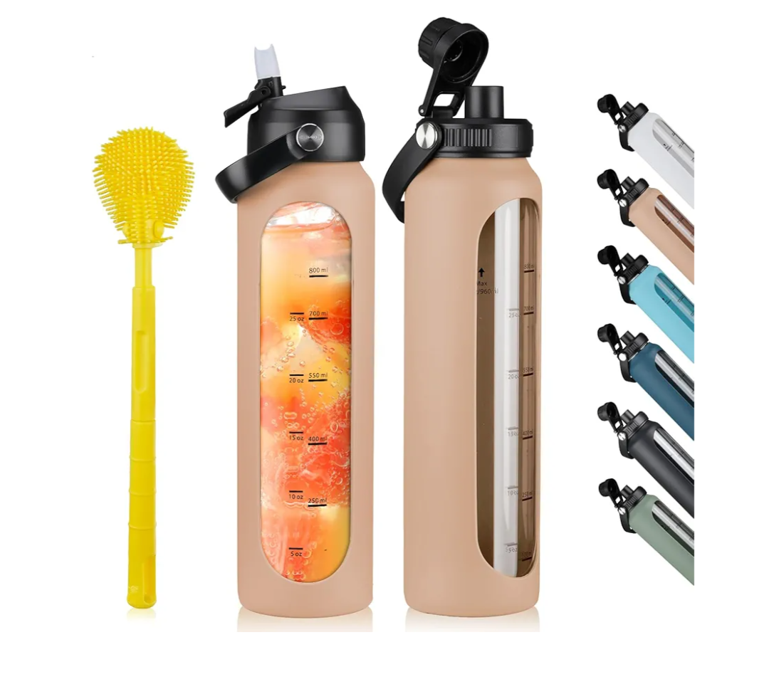 32 oz Glass Water Bottles with 2 Lids-Handle Spout Lid & Straw Lid 1 Liter Motivational Borosilicate Water Bottle with Silicone Sleeve and Time Marker, Leakproof