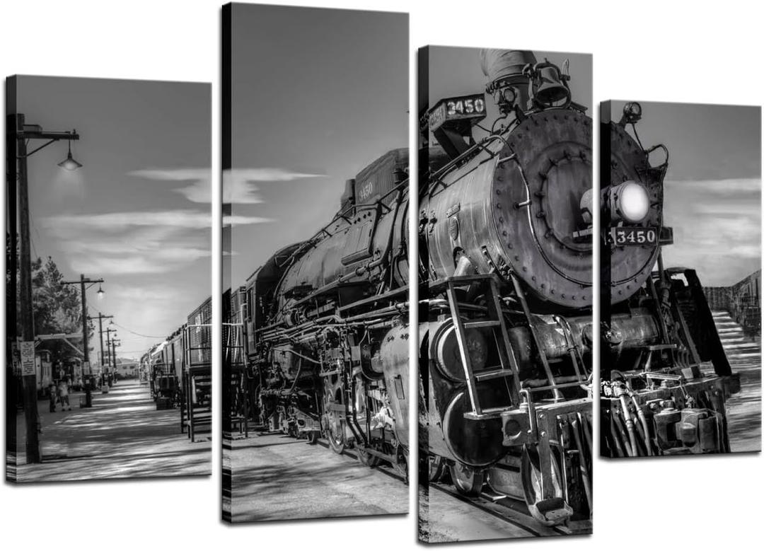 iHAPPYWALL 4 Panel Train Canvas Wall Art Vintage Black and White Steam Train Coal Burning Locomotive Wall Hanging Print On Canvas Car Pictures for Home Decoration Gift Ready to Hang