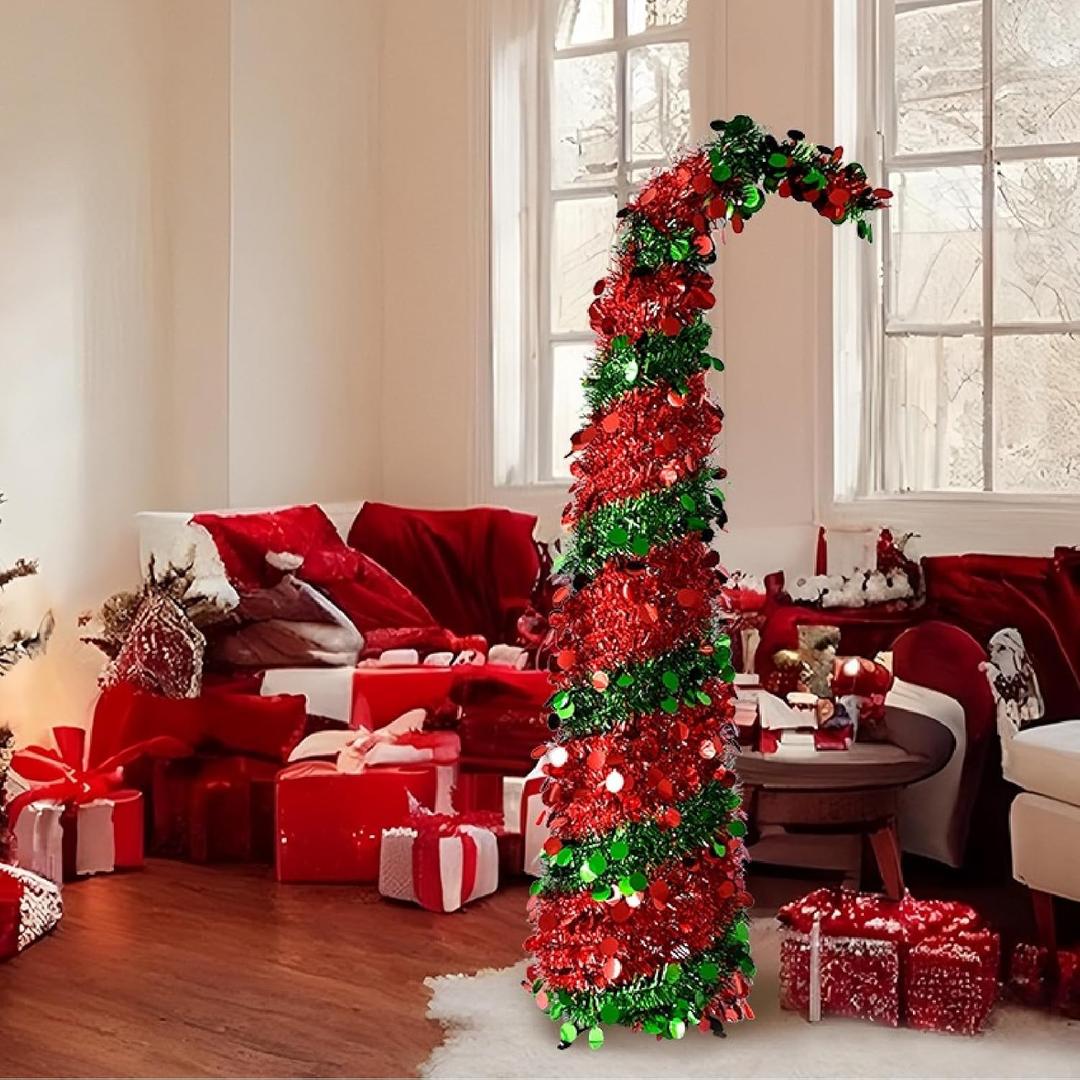 Whooshy Joy Pop Up Christmas Tree, 5FT Curved Christmas Tree, Collapsible Tinsel Tree, Green Xmas Decor Tree for Home, Apartment Porch Indoor Outdoor, Office Decoration (Green + Red)