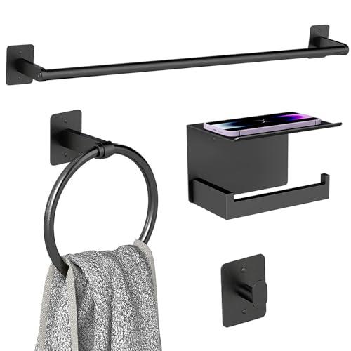 Matte Black Bathroom Accessories Set 4-Pieces, Towel Racks for Bathroom 24Inch Towel Bar, Towel Ring, Towel Hooks, Toilet Paper Holder with Shelf, Stainless Steel Wall Mounted Bathroom Hardware Set