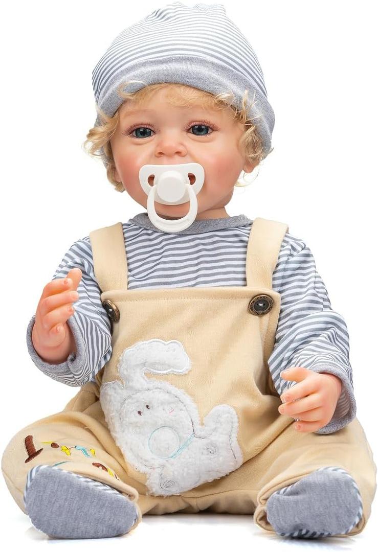 22 Inches Rooted Blond Hair Smiling Realistic Reborn Baby Doll Crafted in Full Body Silicone Vinyl Lifelike Newborn Toddler Boy Dolls Set for Children