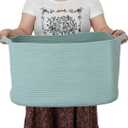 Large Rectangle Blankets Basket Living Room 22"x17"x12" Woven Cotton Rope Storage Baskets for Nursery Toy Baskets for Kids and Dogs Wicker Laundry Basket Bin for Clothes Towels green