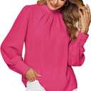 LYANER Women's Mock Neck Pleated Solid Long Sleeve Blouse Office Shirt Top (Pink, XL)