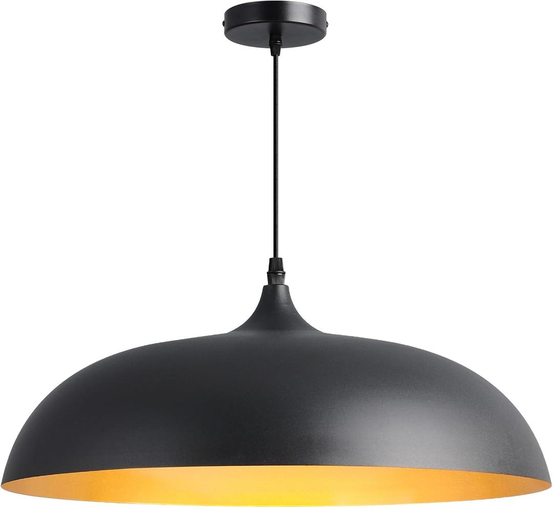 18inch Black and Gold Large Pendant Light, Farmhouse Adjustable Metal Hang Lamp, Vintage DomeCeiling Hanging Light Fixture, Industrial Lighting Fixture for Kitchen Entryway Restaurant Dining Room (Black 17.7")