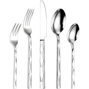 20 Piece Silverware Set, Stainless Steel Flatware Sets for 4, Mirror Polished Modern Design Cutlery Utensil Sets Include Dinner Knives Spoons and Forks for Home, Restaurant (Silvery-Diamond)