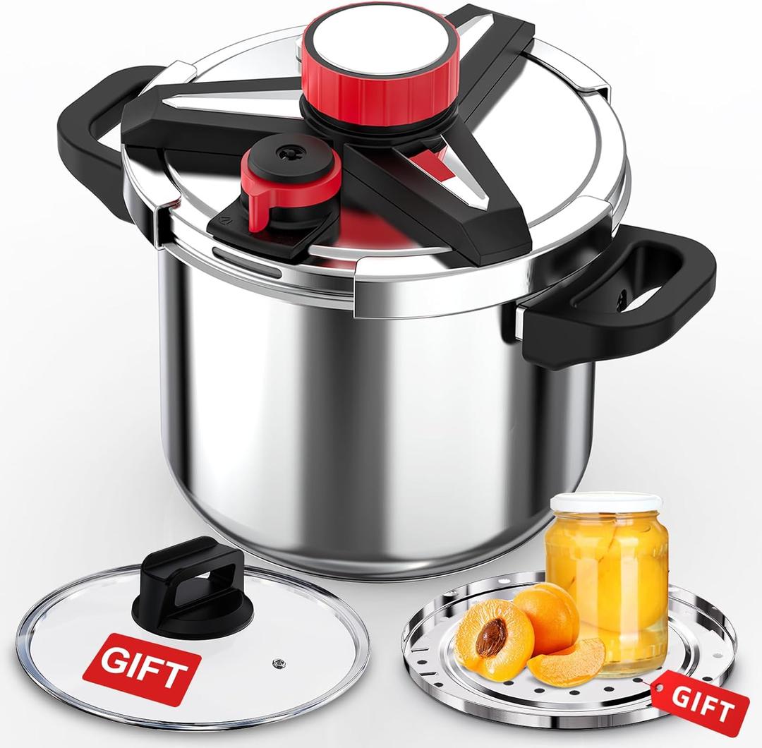 18/8 Stainless Steel Pressure Cooker 8 Qt, [One-Hand Locking] Olla de Presion, [3-In-1] Pressure Cooker, Induction,Gas Stovetop Compatible, Includes Glass Lid & Steamer Rack