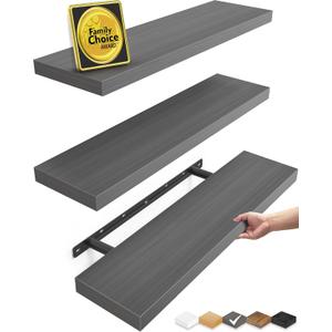 BAYKA Grey Floating Shelves for Wall, 22.5 inches Wall Mounted Rustic Wood Shelves for Bathroom, Bedroom, Living Room, Floating Shelves for Books/Storage/Decor (Set of 3) (F. Grey - Industrial Edge Style)