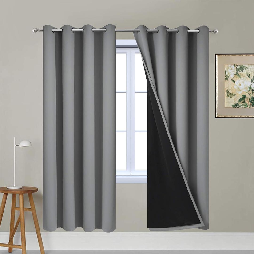 Yakamok Gray Full Shading Curtain Panels for Windows, 2 Thick Layers Thermal Insulated Drapes with Black Liner for Living Room(52Wx72L, Grey, 2 Panels)