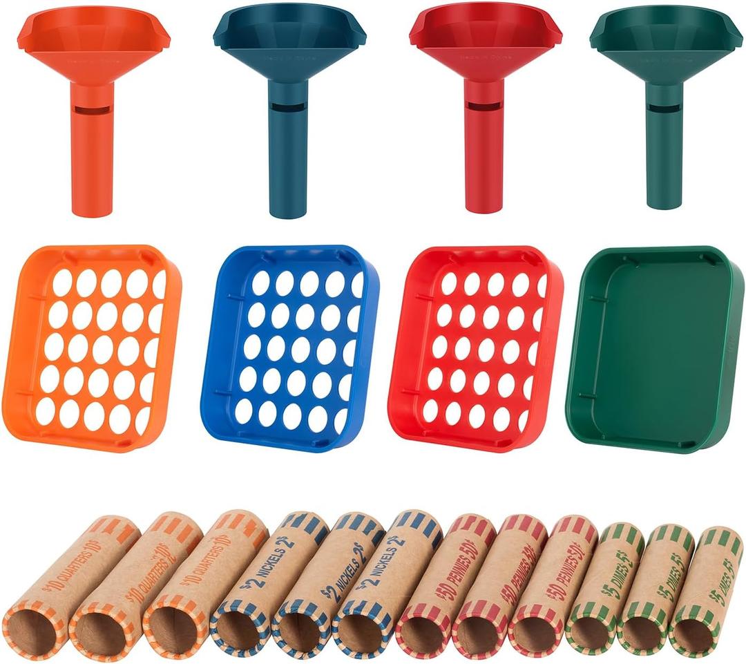 Coin Sorter Tube & Coin Sorter Tray - 4 Color Coded Coin Separator Trays and Coin Sorters Tubes Bundle with 40 PCS Preformed Coin Wrappers