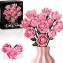 Pink Rose Building Flower Bouquet Set for Adults, Compatible with Lego Flowers, Artificial Plant Home Decor, Creative DIY Building Toys, Romantic Gifts for Mother's Day Her Birthday Valentine's Day