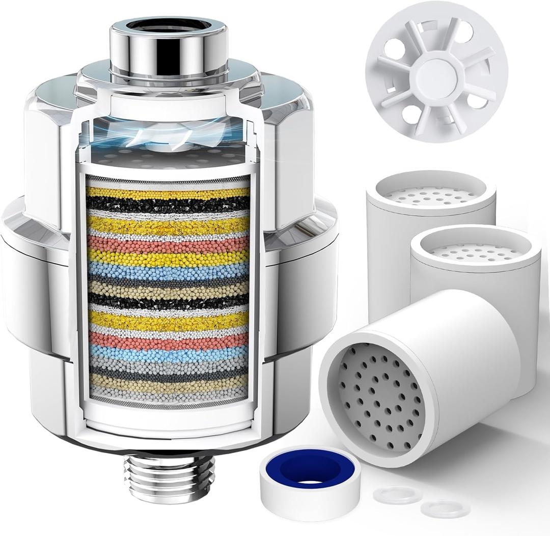 SR SUN RISE 20-Stage Shower Filter-Shower Head Filter for Hard Water, with 3 Replaceable Cartridges, High Output Shower Water Filter for Removing Chlorine and fluoride, Polished Chrome