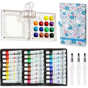 Mini Portable Watercolor Palette Set-Grid Paint Box with Binder Clips Include 24 Colors Paint - Brush*3 and Picture Album Art Materials Coloring Markers for Travel, Creative Drawing Kit for Beginners and Art Enthusiasts(Blue Acrylic-L)