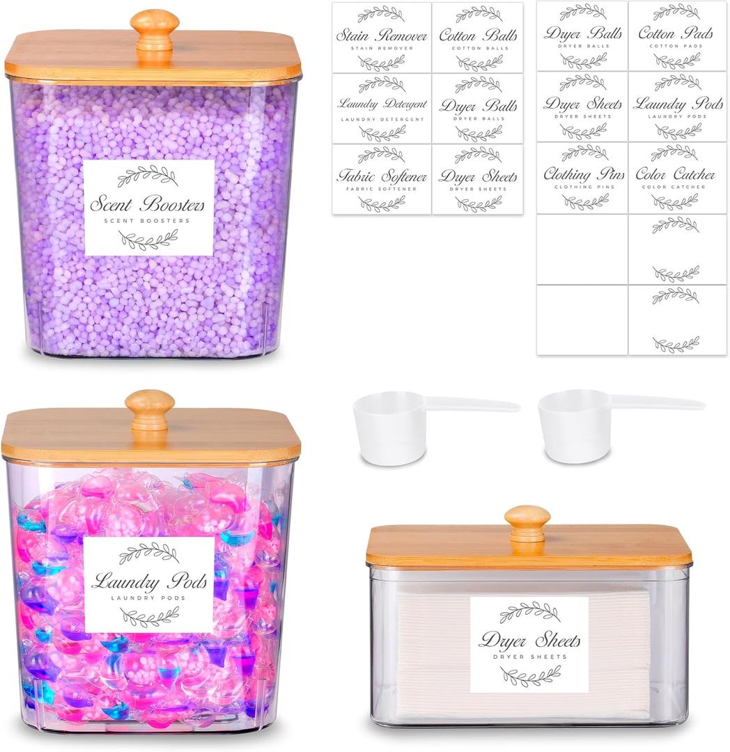 Efluky 3 Pack Laundry Pods Container & Dryer Sheet Holder Set, Clear Laundry Room Organization Containers with 2 Bamboo Lids and Labels, Detergent Pods Storage for Scent Booster, Powder