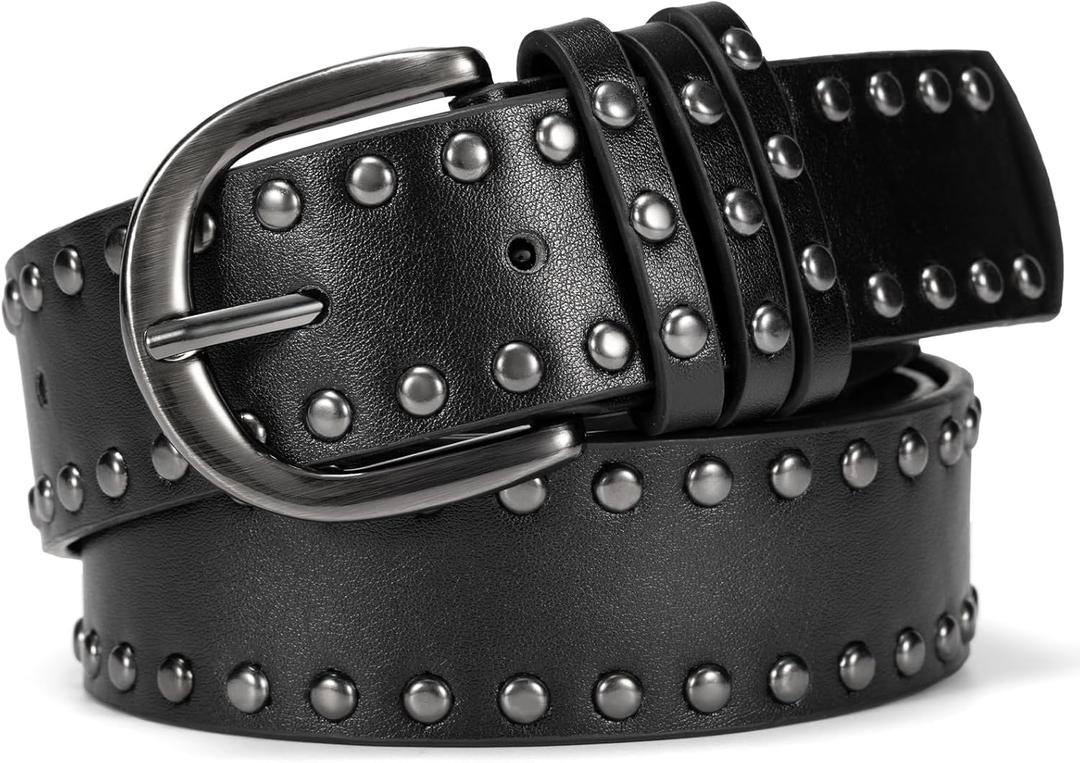 maikun Studded Leather Belt for Women, Punk Goth Grunge Belt for Jeans Pants Dresses (M: Waist size 32-36'', Black)