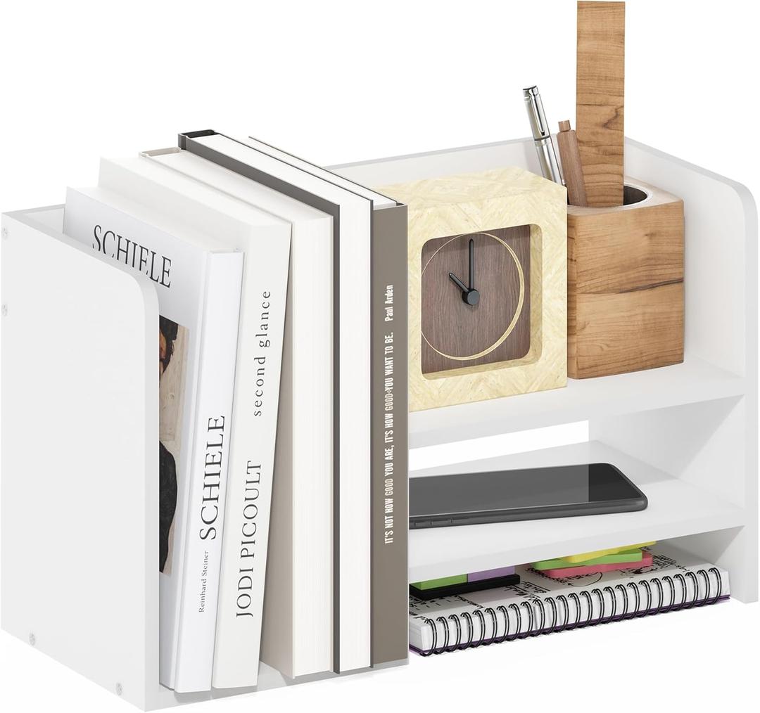 Furinno HERMITE Desk Organizers, Office Organization with Accessories and Vertical File Holder, Desktop Book Shelf, for Office Supplies, Desk Accessories, for Study Room, Dorm, White, 15.8-Inch