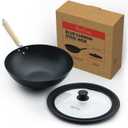 Uno Casa 12 Inch Blue Carbon Steel Wok Pan - Non-Stick, Stir-Fry, Includes Lid