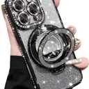 Glitter Kickstand Case for iPhone 16 Pro,Cute Luxury Bling Sparkly Diamond Rhinestone with Camera Protector Liquid Flowing Ring Stand TPU Bumper Women Girls Case for iPhone 16 Pro 6.3", Black