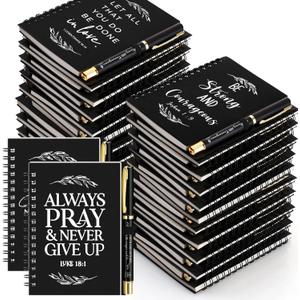 Kosiz 100 Pcs/50 Set Christian Gifts Bulk Include Spiral Notebook and Bible Verse Ballpoint Pen Prayer Scripture Notepad Grandparents Day Journal Gifts for Church Pastor Sunday School Teacher (Black)