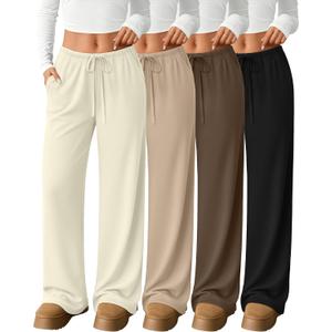 Velvelhall 4 Pack Women's Lounge Pants Comfy Wide Leg Yoga Pant Drawstring Loose Baggy Sweatpants Open Bottom with Pockets(Black, Brown, Khaki, Cream,Small)