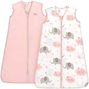 TILLYOU Sleep Sack 12-18 Months - 0.5 TOG Baby Wearable Blanket with 2-Way Zipper, Extra Soft Cotton Sleeveless Sleeping sack 2 Pack, Pink Elephant & Cloud Size L