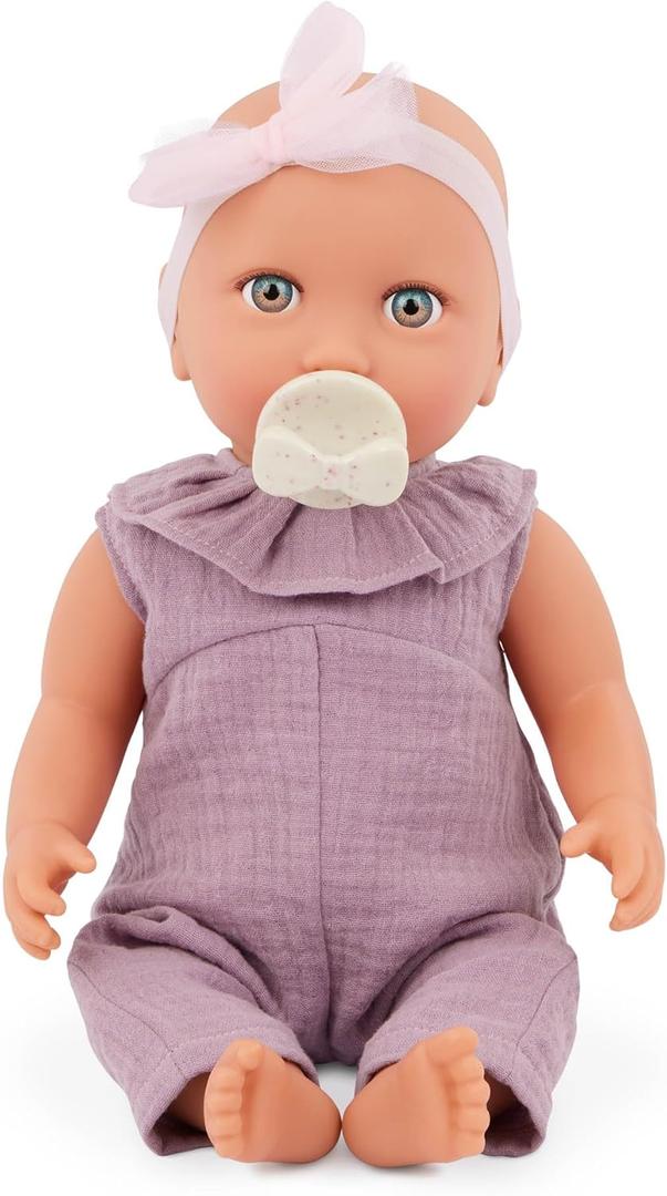LullaBaby  14-Inch Realistic Baby Doll  Blue Eyes, Fair Skintone & Soft Huggable Body  Lilac Jumper Outfit with Bow Headband  Removable Clothes  Pretend Play Toy for Kids Ages 2+