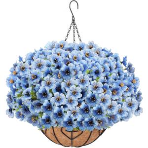 Artificial Hanging Flower for Outdoors, Fake Hanging Basket for Outside,1 Hanging Basket with 13 Pcs Faux Silk Flowers for Porch, Balcony and Patio Decor(Blue)