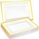24 PCS Plastic Party Serving Trays and Food Platters White Gold Rim Rectangular Disposable Tray for Birthday Party Weddings Hosting Appetizers Cupcake Catering Events