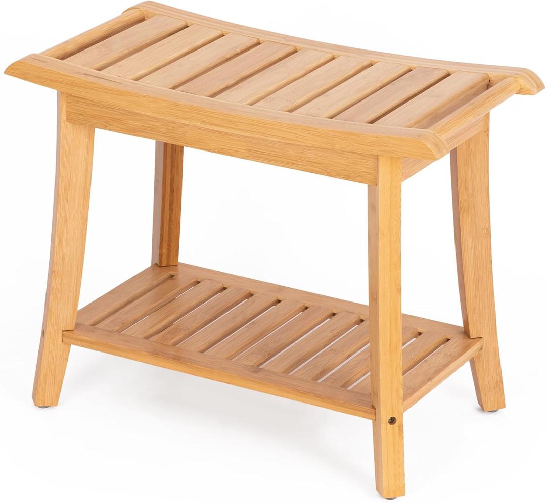 Bamboo Shower Bench Inside Shower Stool with Storage Shelf, Spa Bath Chair for Bathroom, Seat or Organizer for Living Room, Bedroom and Garden - Great for All Ages Unisex Elderly (Waterproof, Natural) (Large 24x12x18 Inch)