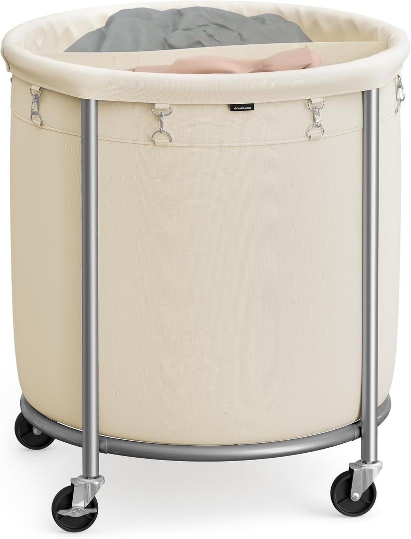 SONGMICS 63.5-Gallon (240 L) Laundry Basket with Wheels, Rolling Round Heavy-Duty Laundry Hamper Cart with Steel Frame and Removable Bag, 2 Locking Wheels, Cream White and Metallic Silver URLS012W01