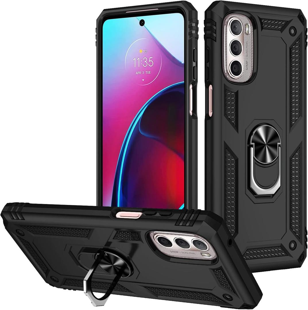 Military Grade Drop Impact for Moto G Stylus 5G 2022 Case 360 Metal Rotating Ring Kickstand Holder Armor Heavy Duty Shockproof Case for Motorola Moto G Stylus 5G 2022 Phone Case (Black)