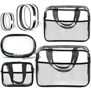 XEWEA Clear Travel Toiletry Bags & Small Electronic Accessories Organizer Case, 6 PCS TSA Approved Transparent Makeup Bag for Women Men, Waterproof PVC Quart Pouch with Zipper for Airline Essentials - Black