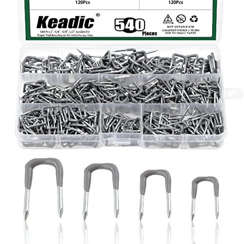 Keadic 540Pcs 1", 3/4", 5/8", 1/2" Insulated U Staple Nail Assorted Size Set with Storage Case, Electrical Cable Staples Metal Cable Clip with Plastic Staple Wire Holder for Fixing Electrical Cord