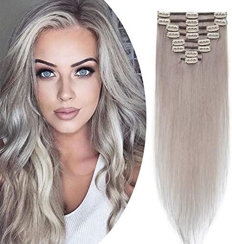 Benehair Clip-in Hair Extensions - Real Human Hair, Double Weft, 8pcs, 10inch Remy, Soft Silky Straight, Highlighted Grey
