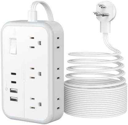 Flat Plug Extension Cord 15 ft, Surge Protector Power Strip, Outlet Extender with 6 Outlets 4 USB Ports, Overload Protection, Long Extension Cord with Multiple Outlets for Indoor, Home, Office, White