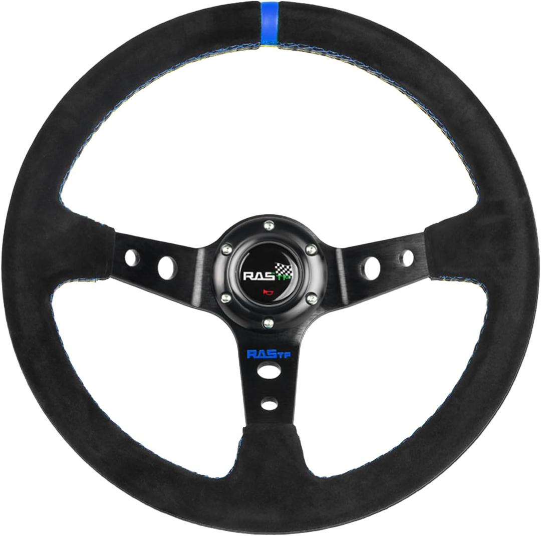 RASTP Universal Racing Steering Wheel Suede Deep Dish 13.58/345mm 6 Bolts with Horn Button Include Cable,Wrench (Blue)