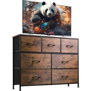 WLIVE 7 Drawer Dresser TV Stand, Entertainment Center, Media Console Table with Metal Frame and Wood Top for TV up to 45 inch, Chest of Drawers for Bedroom, Living Room, Rustic Brown Wood Grain Print, 11.8"D x 39.4"W x 30.5"H