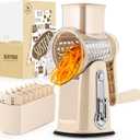 SUSTEAS Rotary Cheese Grater with Handle - Vegetable Shredder with 5 Well-designed Blades & Strong Suction Base, Round Mandoline Slicer & Food Chopper for Kitchen, with Blade Storage Box(Beige)