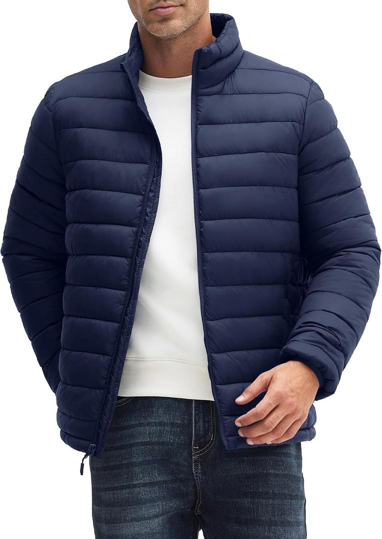 Men's Puffer Jacket Lightweight Warm Winter Jackets for Men Windproof Insulated Puffy Coat with 3 Pockets (Blue, L)
