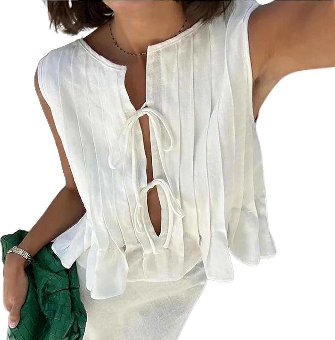 Linen Bow Tie Front Tank Tops Vest Women Coquette Babydoll Peplum Blouses Y2k Sleeveless Pleated Ruffle Tunic Shirt White (S)